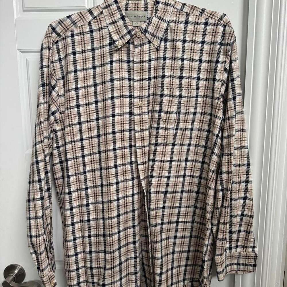 Cutter & Buck Plaid Button-Down Shirt Beige Black L